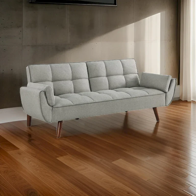 Gray Fabric Sofa Futon Bed, Tufted Back, Angled Legs – 1–2 Person