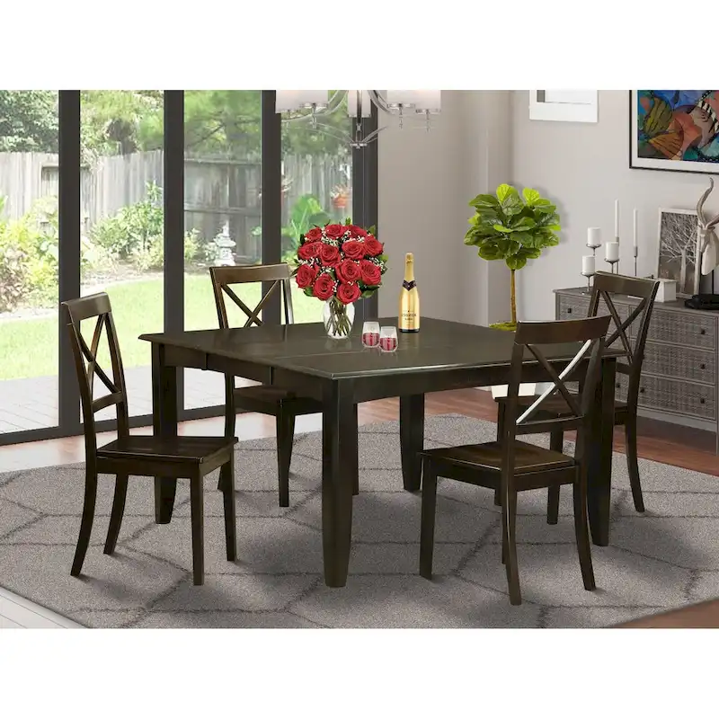 East West Furniture Dining Furniture Set Includes a Square Kitchen Table with Butterfly Leaf and 4 Dining Chairs, Cappuccino