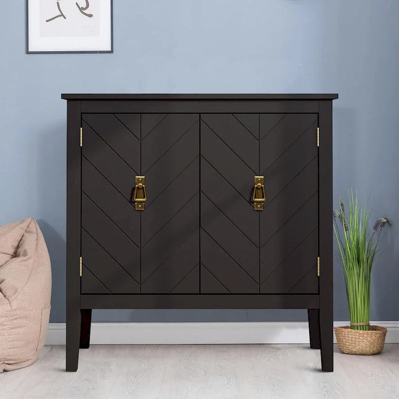 Gray / Black Freestanding Wooden Storage Cabinet with Brass Handles, 2-Door