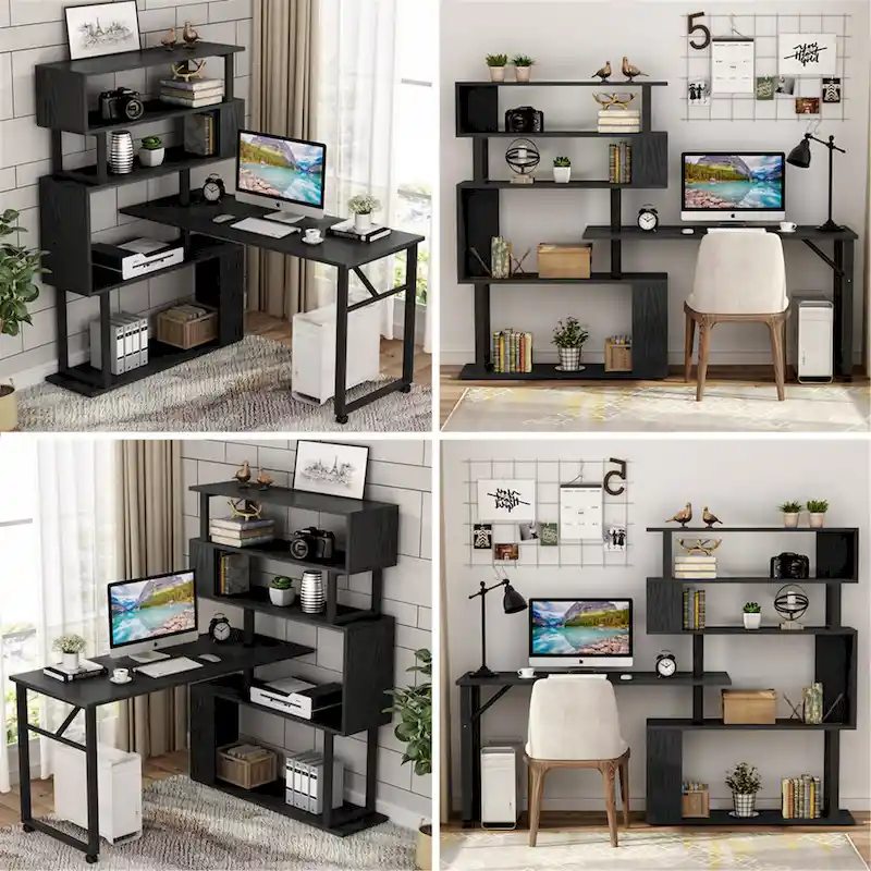L-Shaped Rotating Computer Desk with Bookshelf