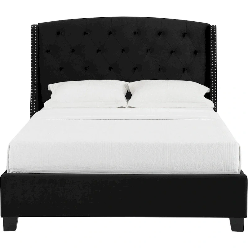 Black Button Tufted Queen Bed with Nailhead Trim