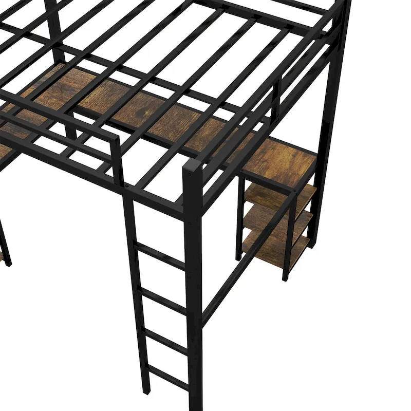 Full XL Metal Loft Bed with Desk and Shelves