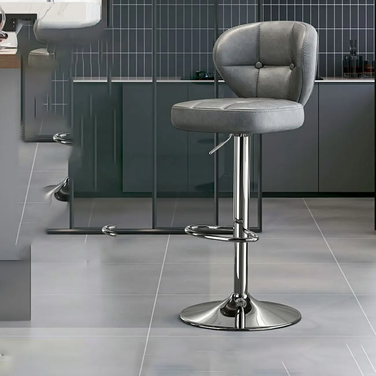 Modern Square Tufted Faux Leather Adjustable Swivel Bar Stools