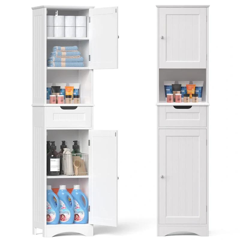 67-Inch Tall Narrow Storage Cabinet with 5 Tiers, Drawer and Doors