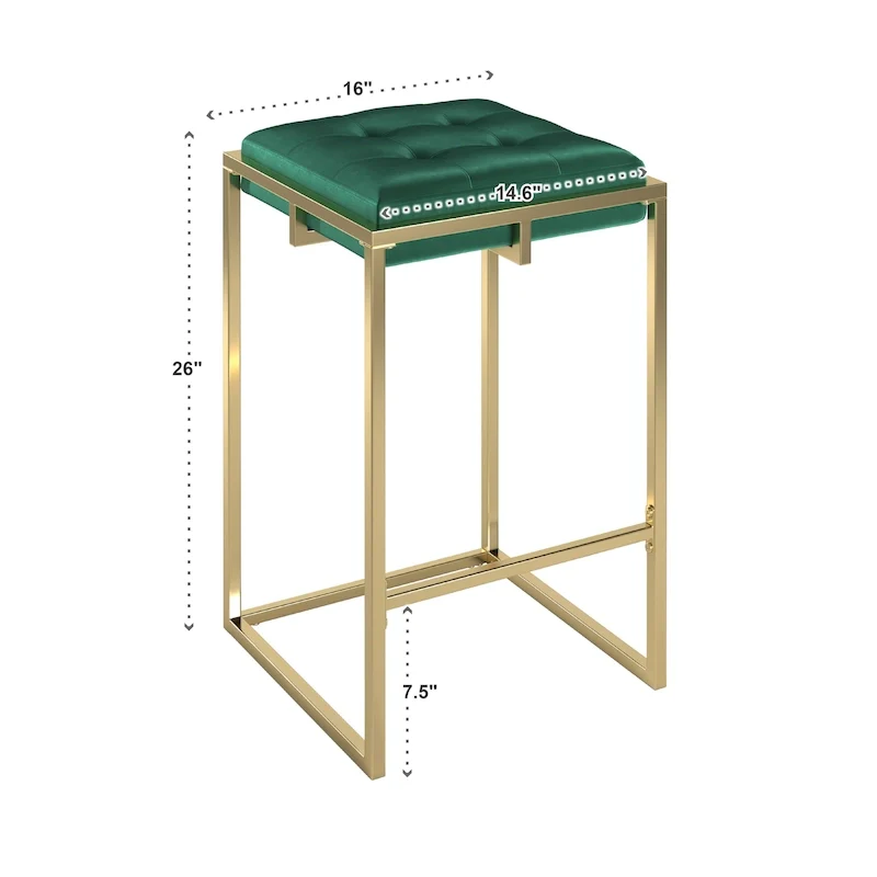 Backless Velvet Button-Tufted Bar Stool with Gold Metal Base & Footrest – Beige / Blue / Green, Counter / Bar Height