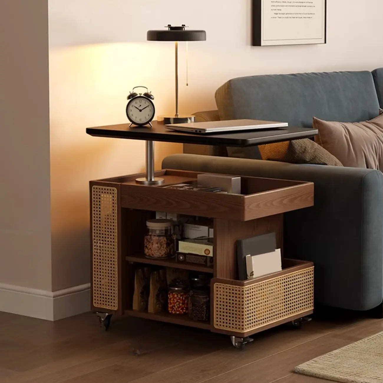 Nut-brown Adjustable Lift Top Wood Trolly Side Table