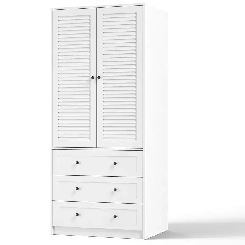 GustoWave 70 Wooden Wardrobe Armoire, 2-Door Closet with 3 Drawers & Hanging Rod, LargeCapacity Storage Cabinet for Bedroom
