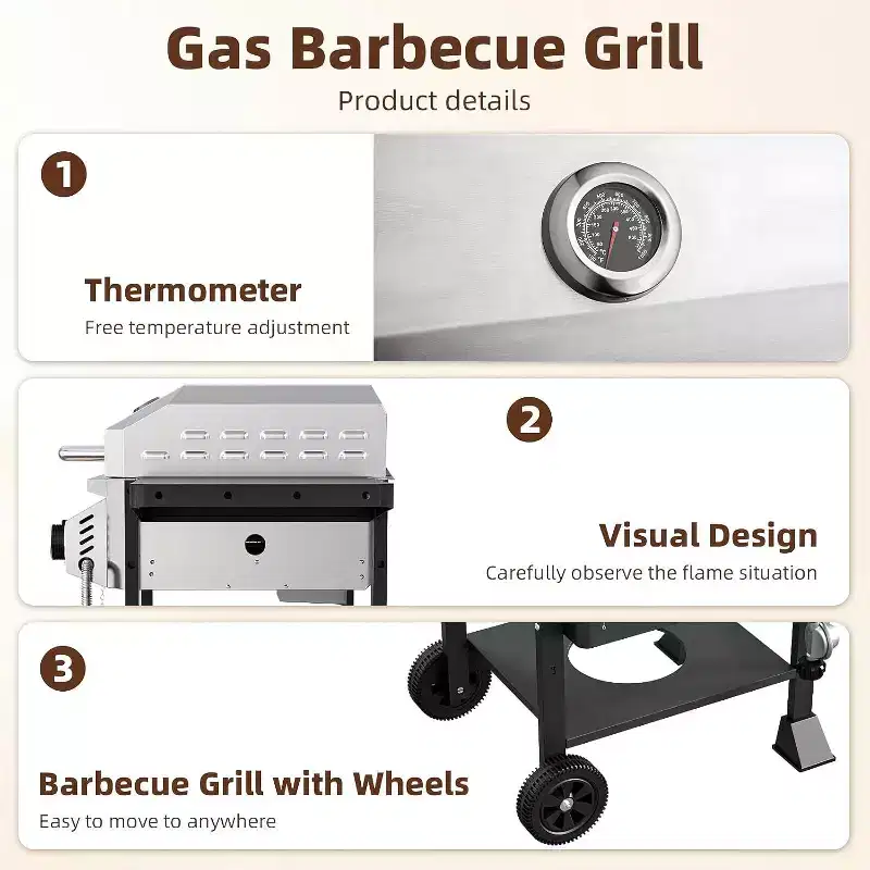 R.W.FLAME 2-Burner Propane Gas Grill, 16,000 BTU Stainless Steel BBQ with Folding Side Tables  Portable Outdoor Grill for Patio, Backyard & Camping