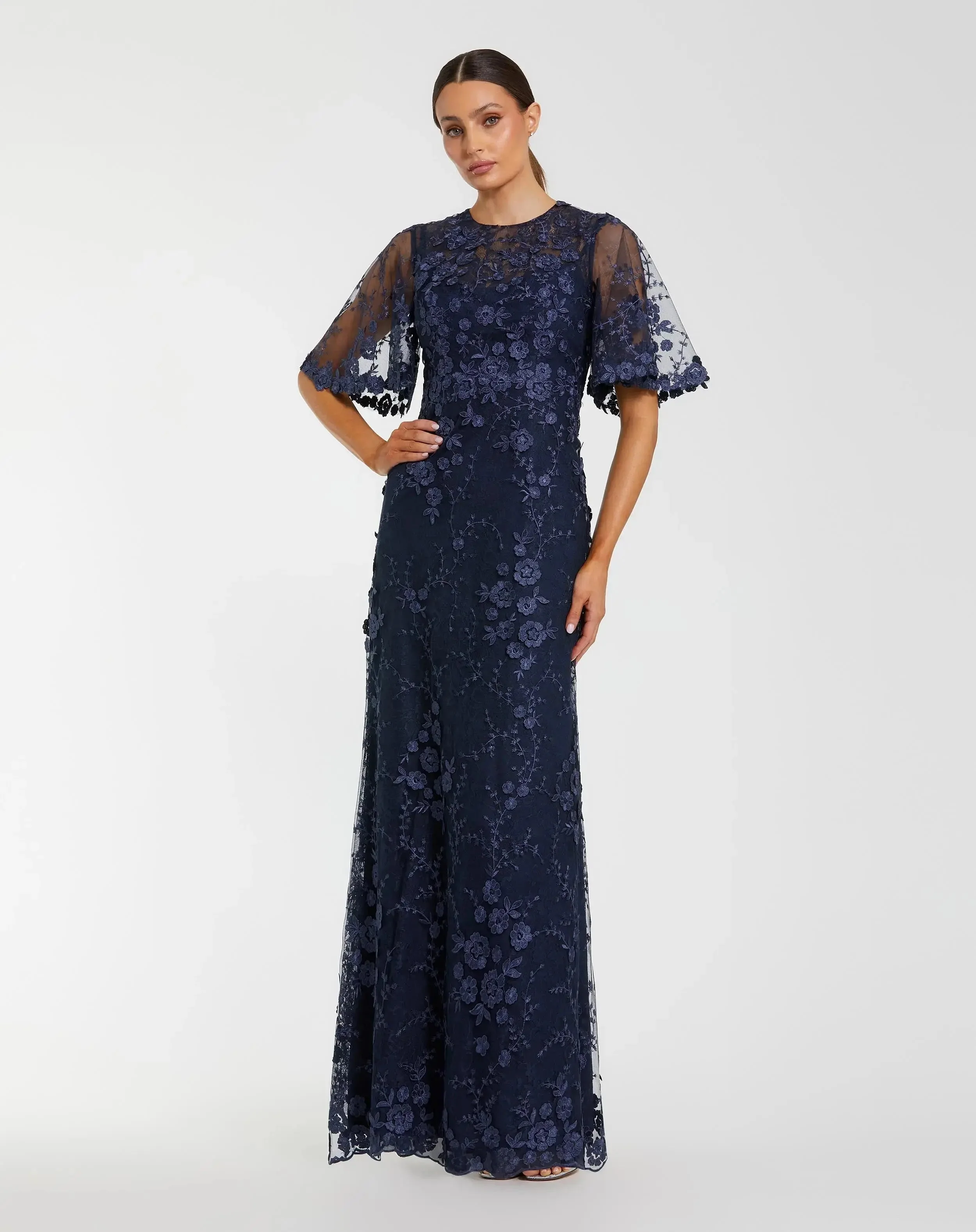 Flutter Sleeve Floral Embroidered Net Gown