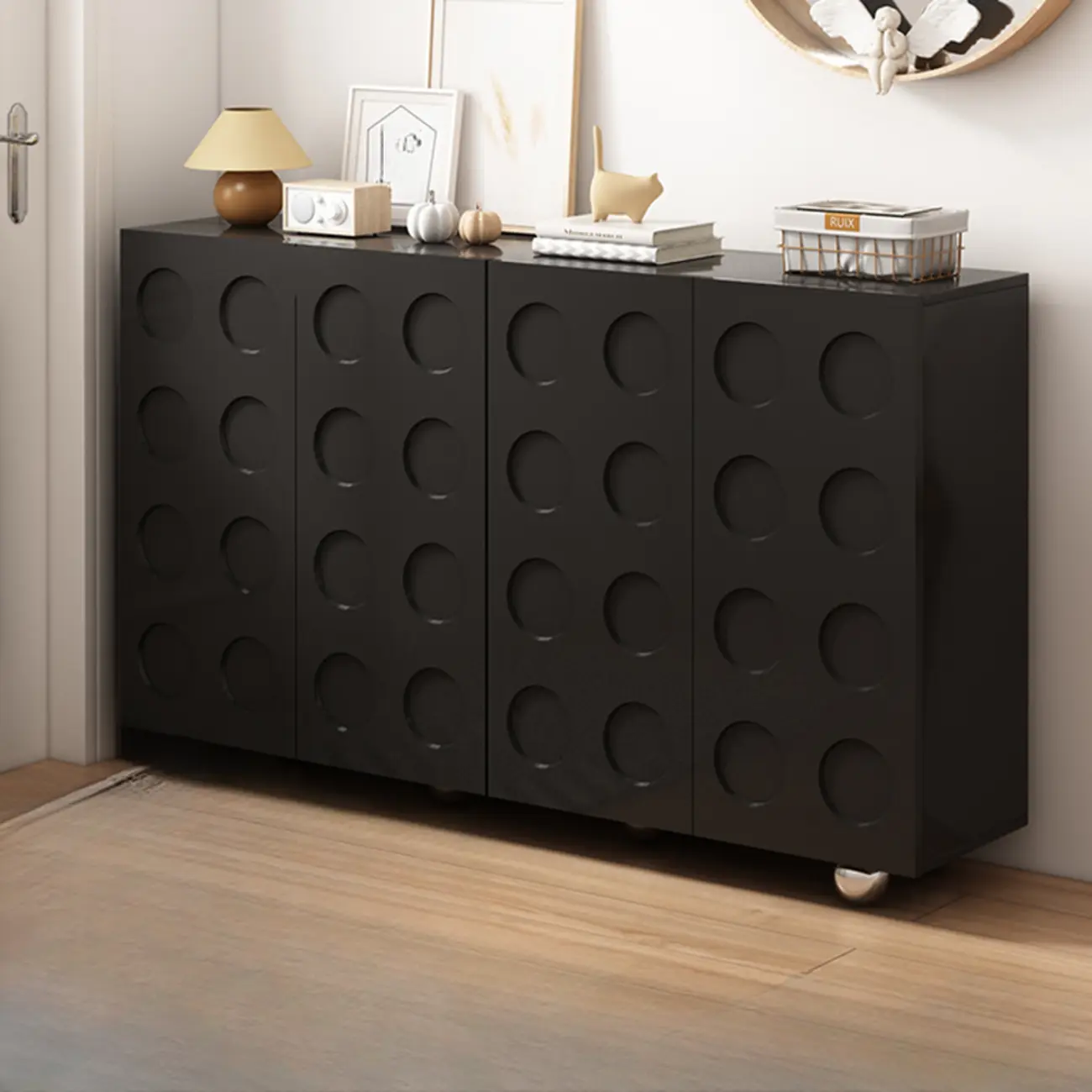 Hallway Black Engineered Wood Shoe Cabinet on Wheels