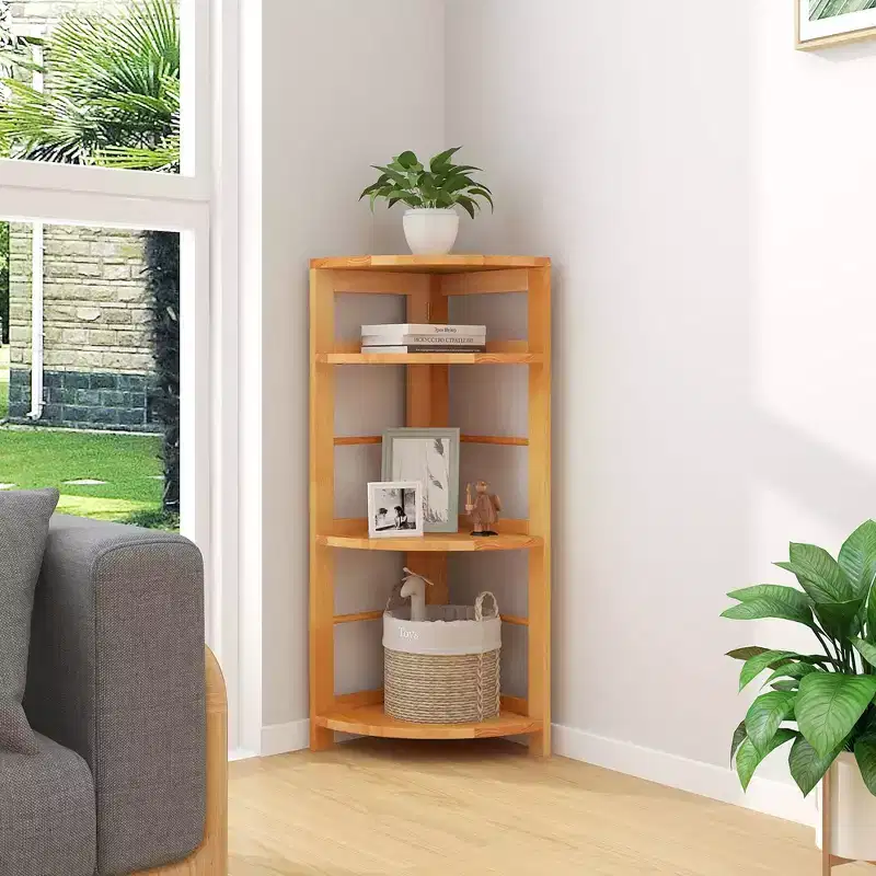 Costway 4-Tier Corner Shelf w/ Rubber Wood Frame Anti-Toppling Kit Home Office Natural
