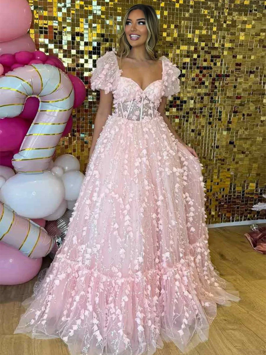 Princess Pink Sweetheart Puffy Sleeeves Prom Dress with 3D Flower