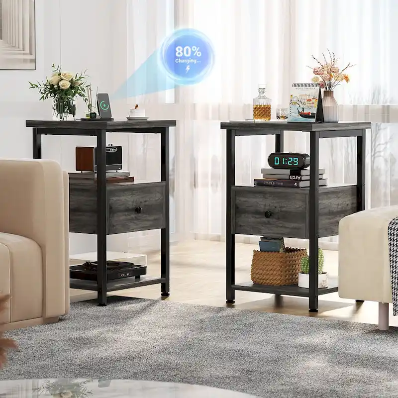 2-piece Farmhouse Wood End Table Drawers Nightstand with Charge Station - Set of 2