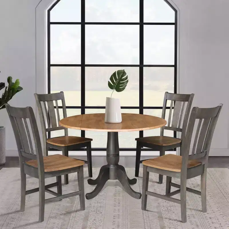 5pc 42" Round Dual Drop Leaf Dining Table with 4 Splat Back Chairs Hickory/Washed Coal - International Concepts