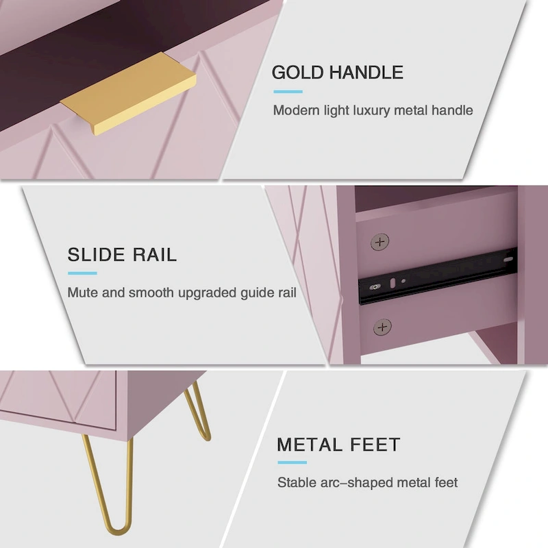 Set of 2 Nightstand 2 Drawer End Side Table Bedside Metal Legs Modern Bedroom Living Room