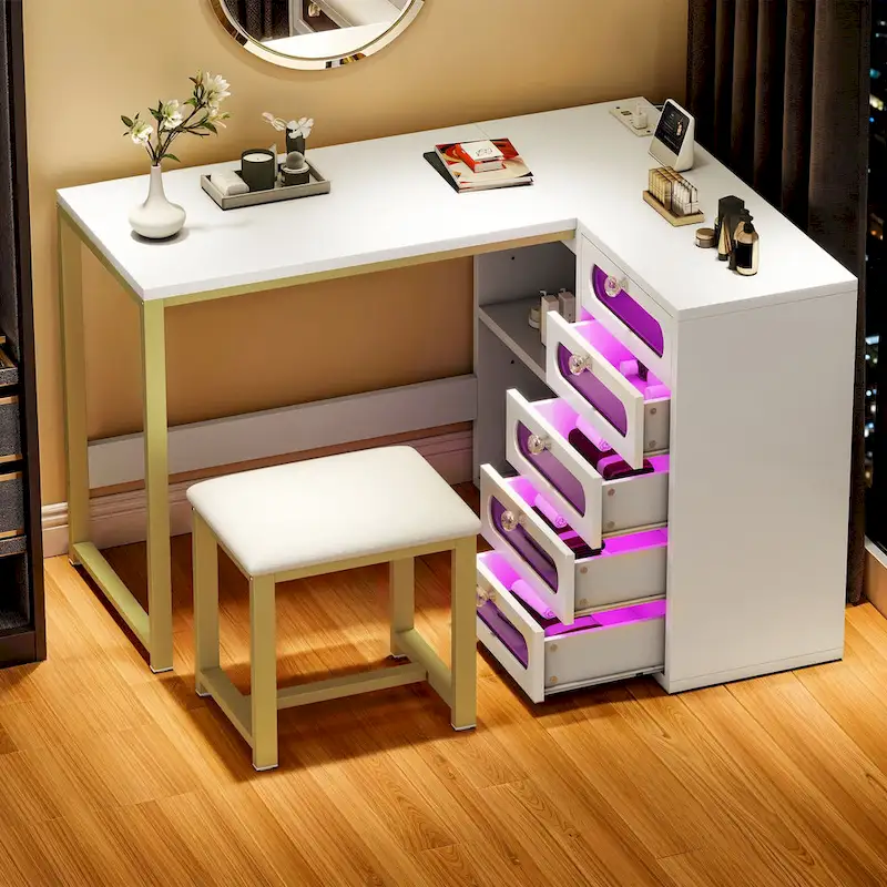 Moasis 5 Drawers L-Shape Nail Desk Set with Cushioned Stool and LED Light