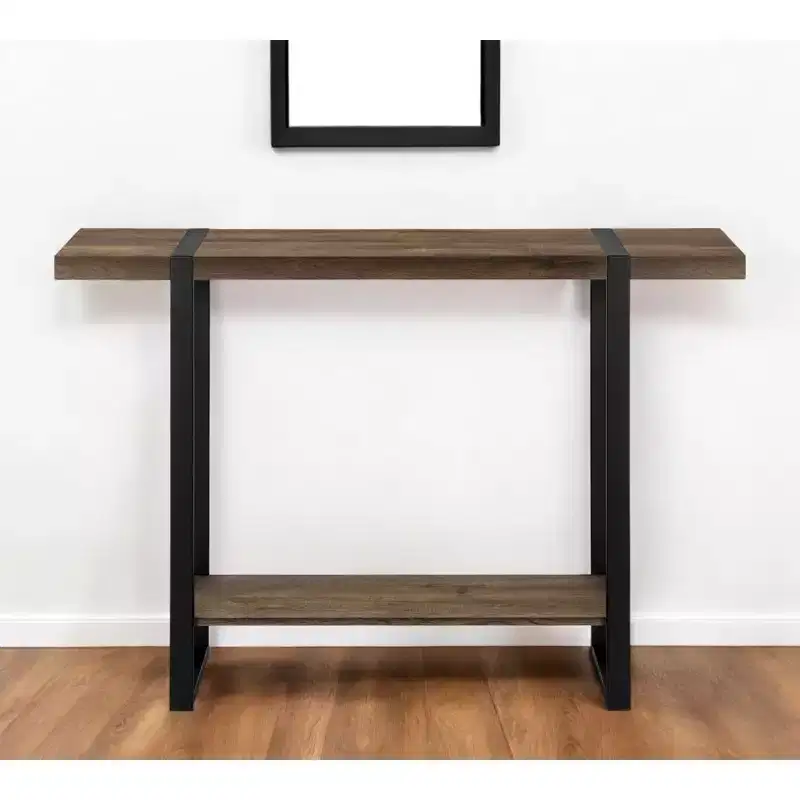 HomeRoots 47 Brown and Black Wood and Metal Distressed Sled Console Table With Shelf