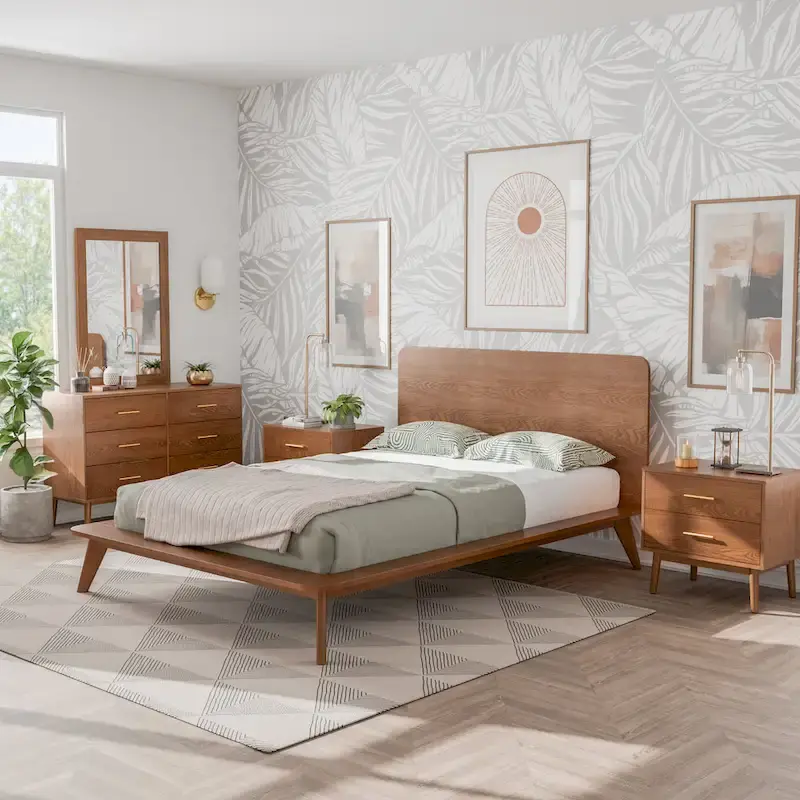 Beau Midcentury 5-Piece Walnut Low Profile Queen Bedroom Set