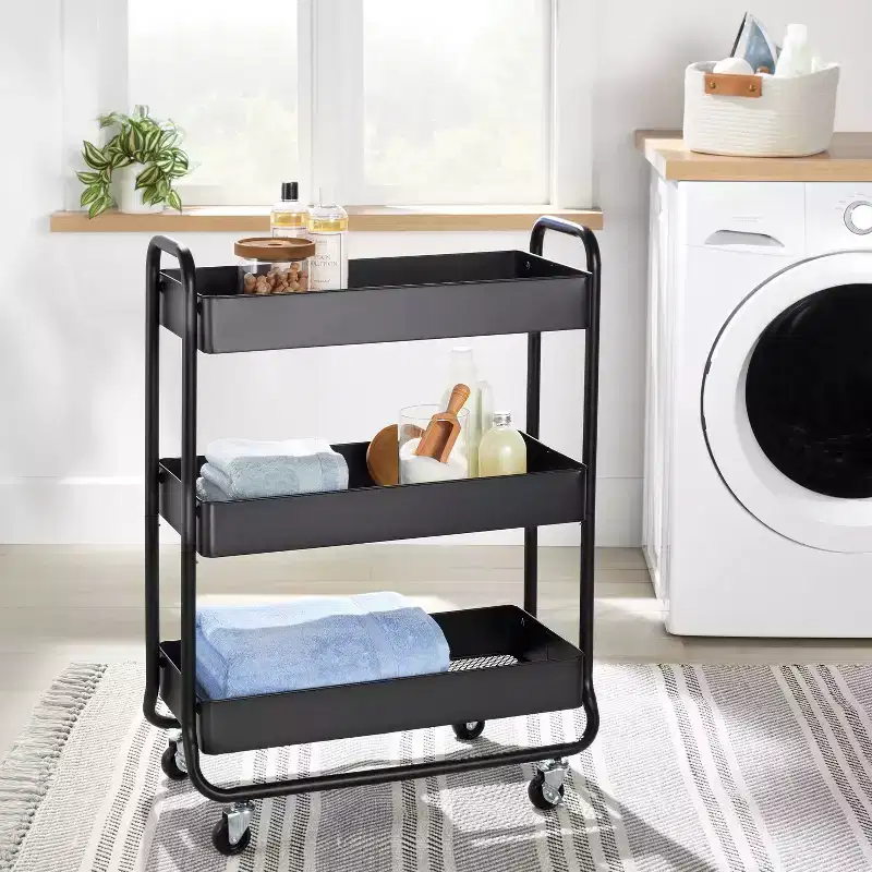 Wide Metal Utility Cart Black - Brightroom™: Rolling Storage Cart with Casters, Fixed Shelves, Universal Storage