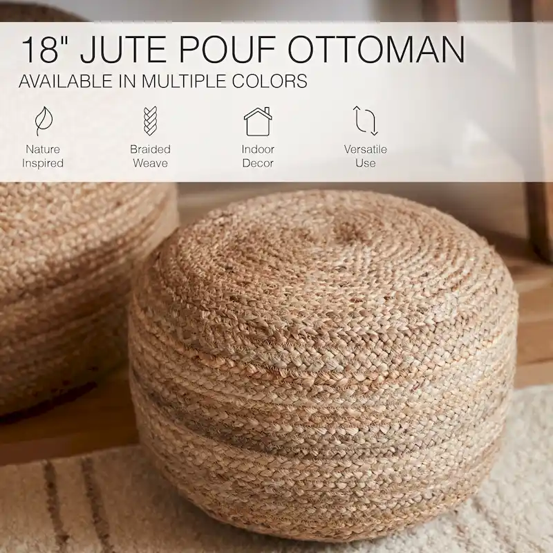Juniper Home Saba Round Jute Pouf Ottoman/Foot Stool