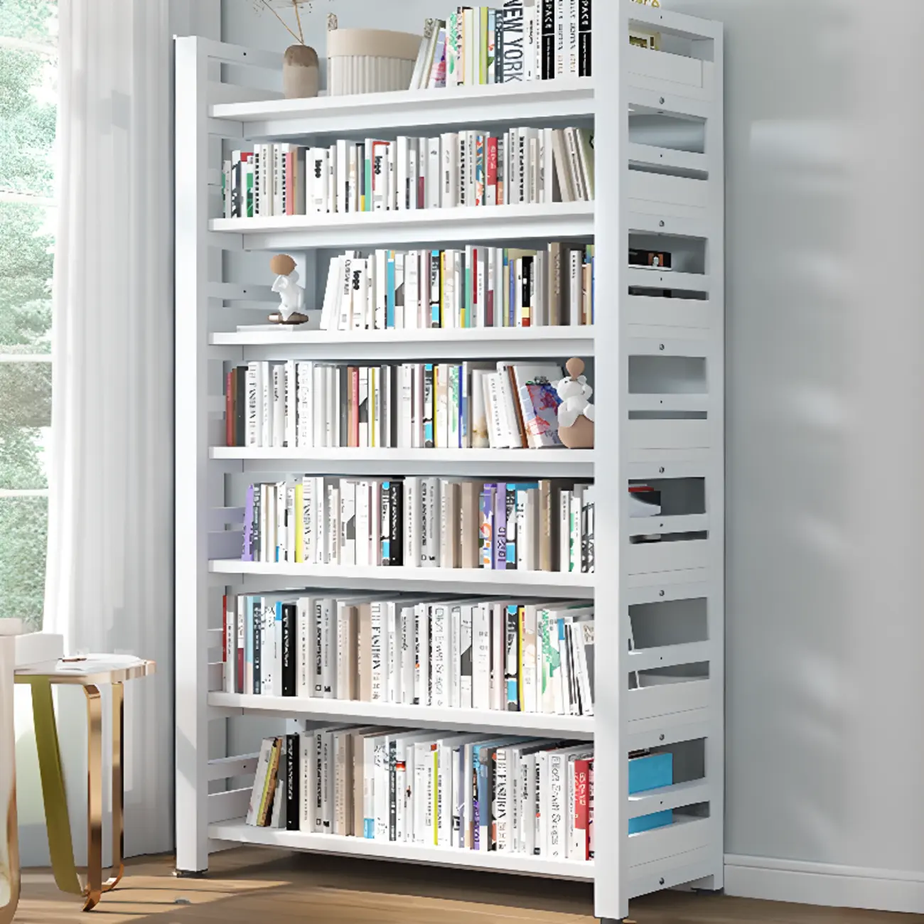 Freestanding Simple Multi-Layer Wood Bookshelf in Steel Frame