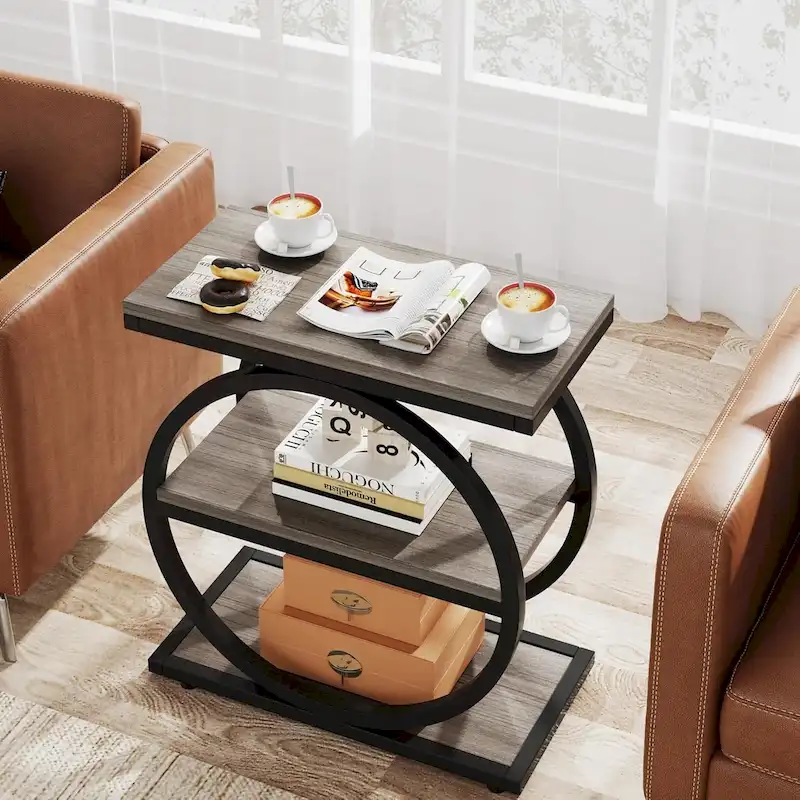 Industrial 3-Shelf Narrow End Table – Brown / Grey / Oak / Yellow