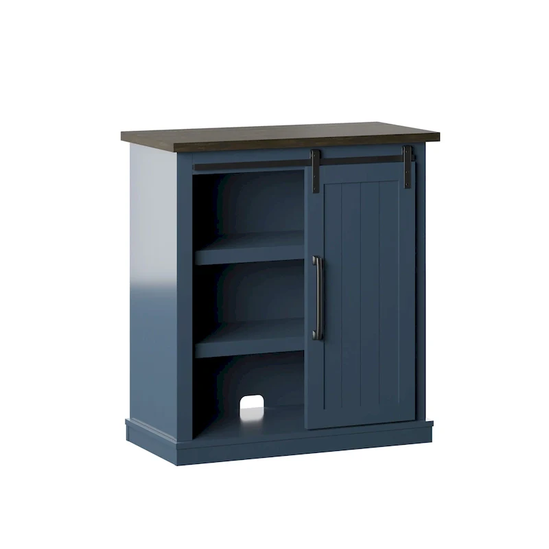 Blue/White/Gray Sliding Barn Door Accent Cabinet with 2 Shelves