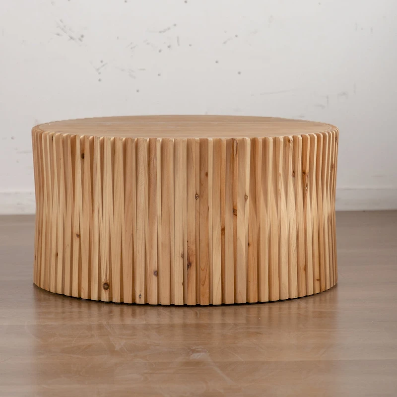 Retro Fashion Style Cylindrical Coffee Table with Vertical Texture Relief Design
