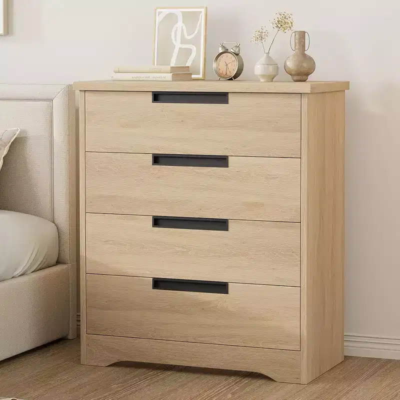 Embedded-handle design four-drawer cabinet, wooden drawer unit, space-saving compact storage cabinet, suitable for living rooms and hallways.