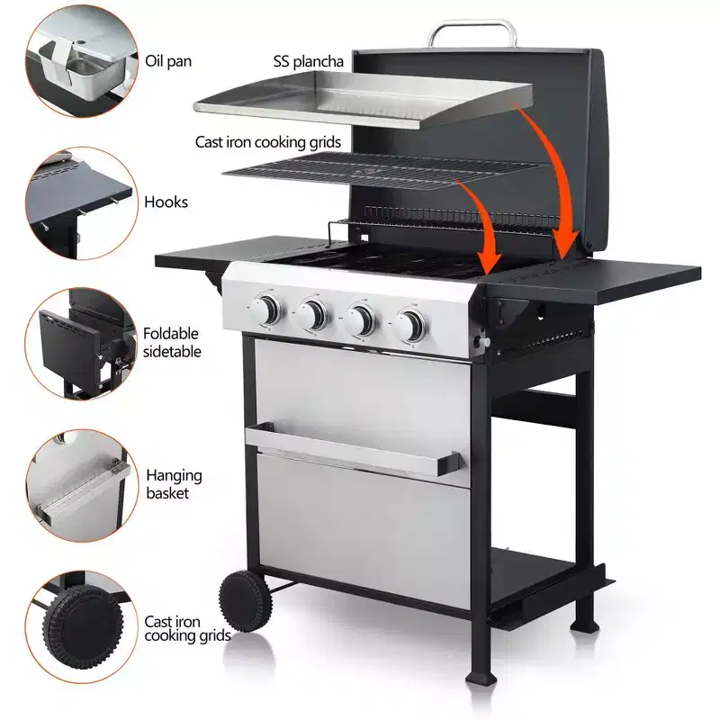 4 Burner Propane Gas BBQ Grill, 49,200 BTU Output Stainless Steel BBQ Grill with Foldable Side Table for Garden Patio Backyard Camping