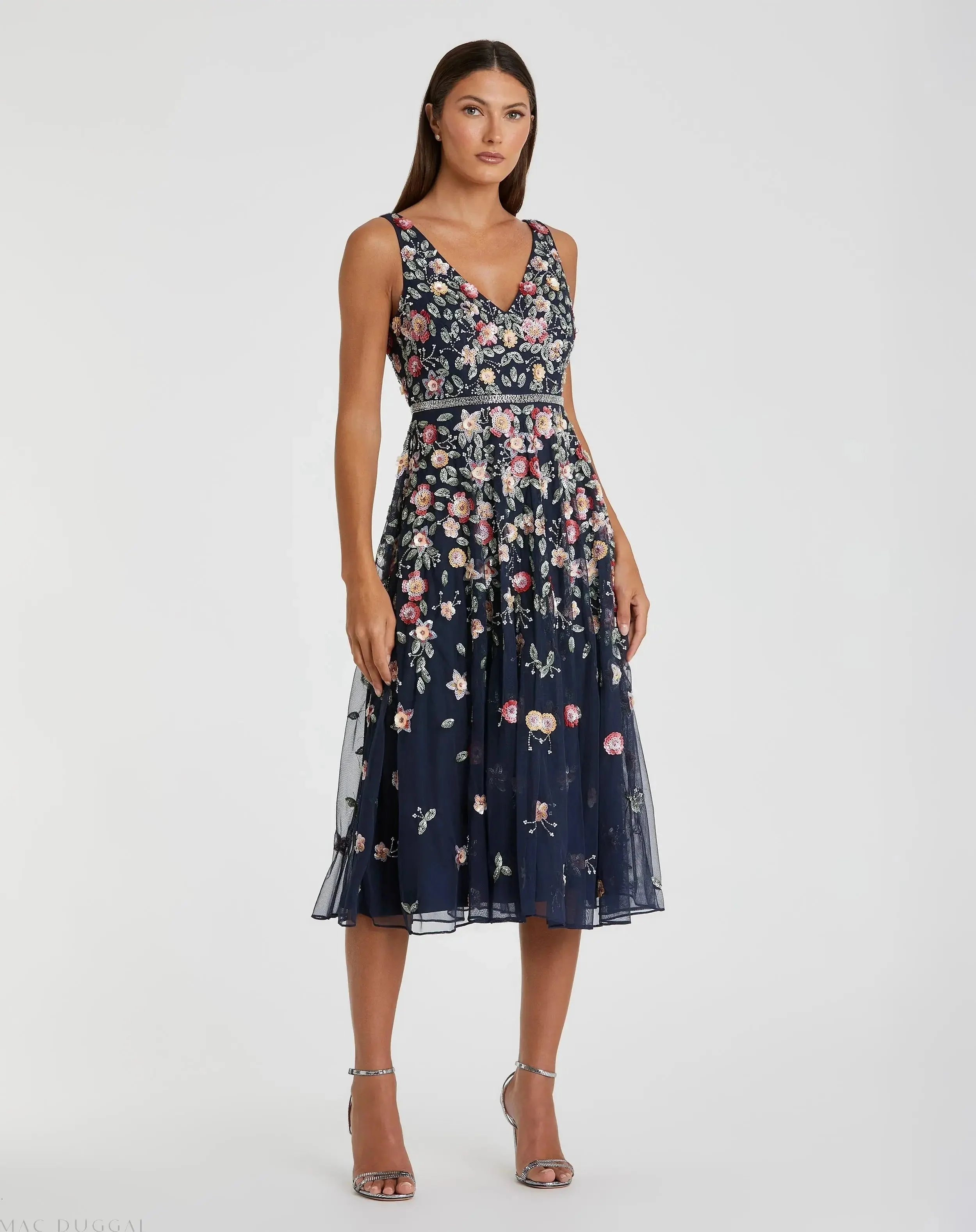 Navy V-Neck Sleeveless Midi Floral Beaded A-line Dress