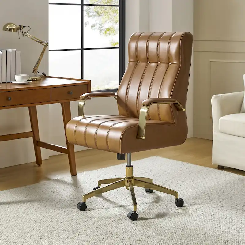 Curtiz Mid-Century Modern Vegan Leather Swivel Tilting Office Chair with Channel Tufted and Metal Feet by HULALA HOME