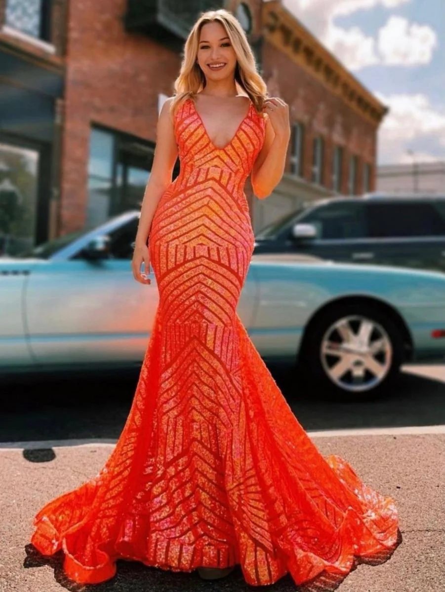 Deep V Neck Pink Sequins Mermaid Long Prom Dress