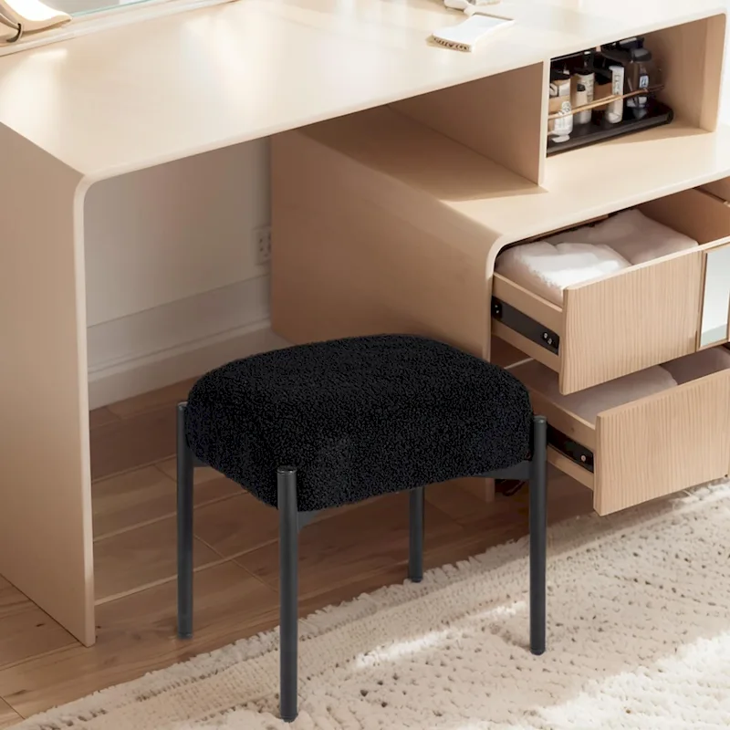 Faux Teddy Fur Round Vanity Stool, Ottoman Foot Stool