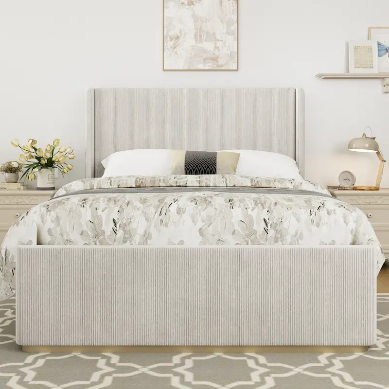 Roomfitters Queen/King Size Upholstered Bed, Corduroy Frame, Wingback Headboard, High Footboard, Light Grey