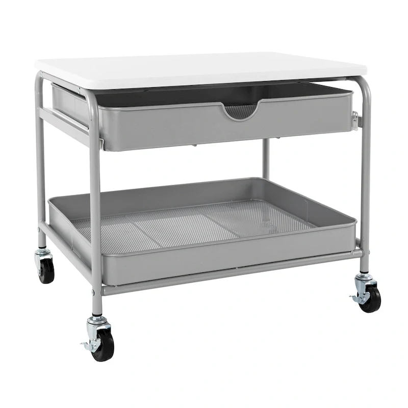 Silver & White Under-Desk Storage Cart with 2 Wire Baskets, 1-Person