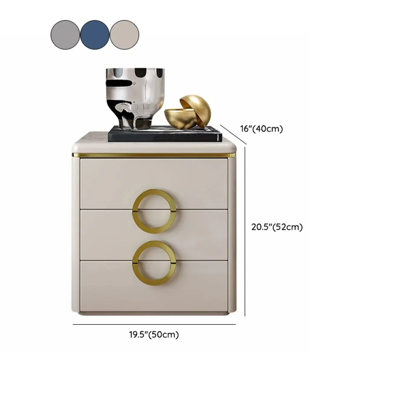 Elegant Faux Leather Metal Accent 3 Drawers Nightstand