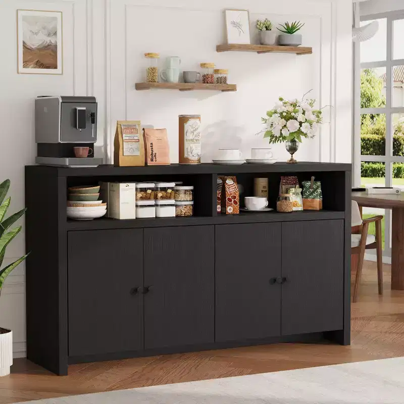 55 Sideboard Buffet Cabinet, Wood Coffee Bar Cabinet with Gold Adjustable Shelves, Media Console Table, Credenza Buffet Table for Living Room, Black