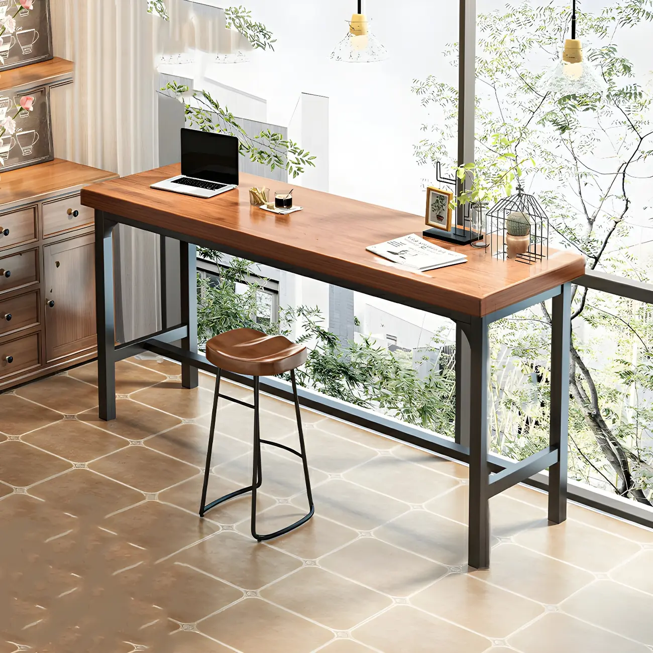 Modern Faux Wood Bar Table Set with Backless Stools
