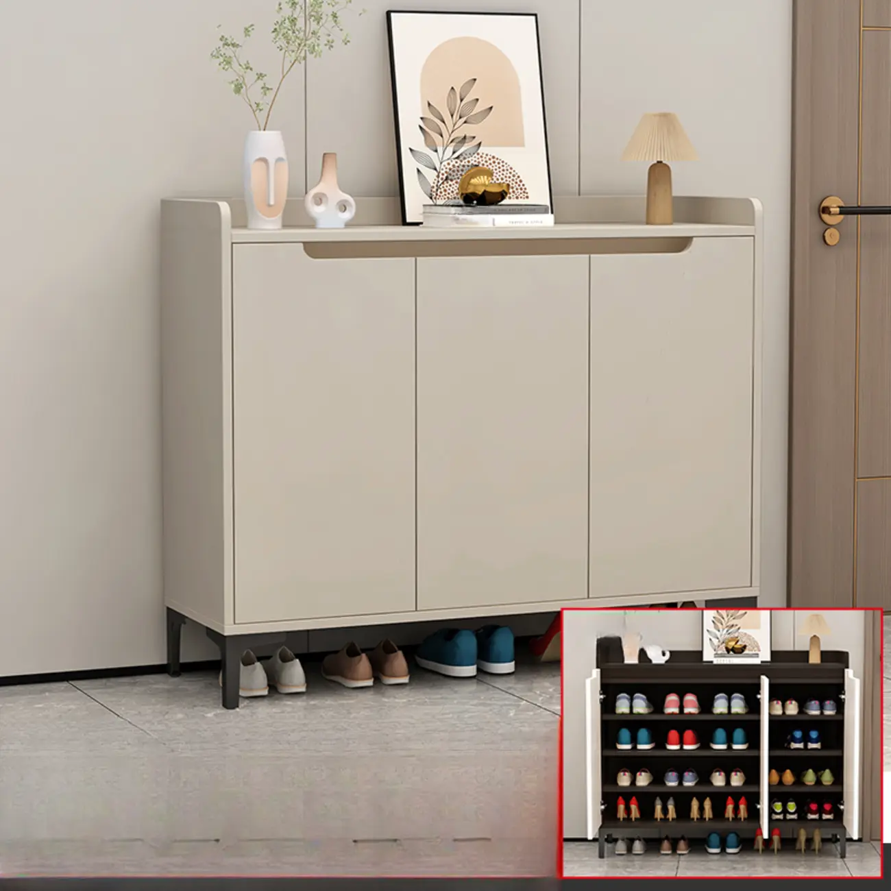 Sleek Milk Cocoa Wood Shoe Cabinet with Display Top