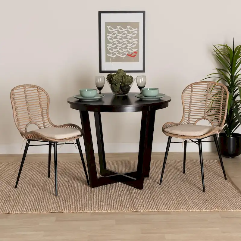 Brenna Modern Bohemian Rattan and Metal 2-Piece Dining Chair Set