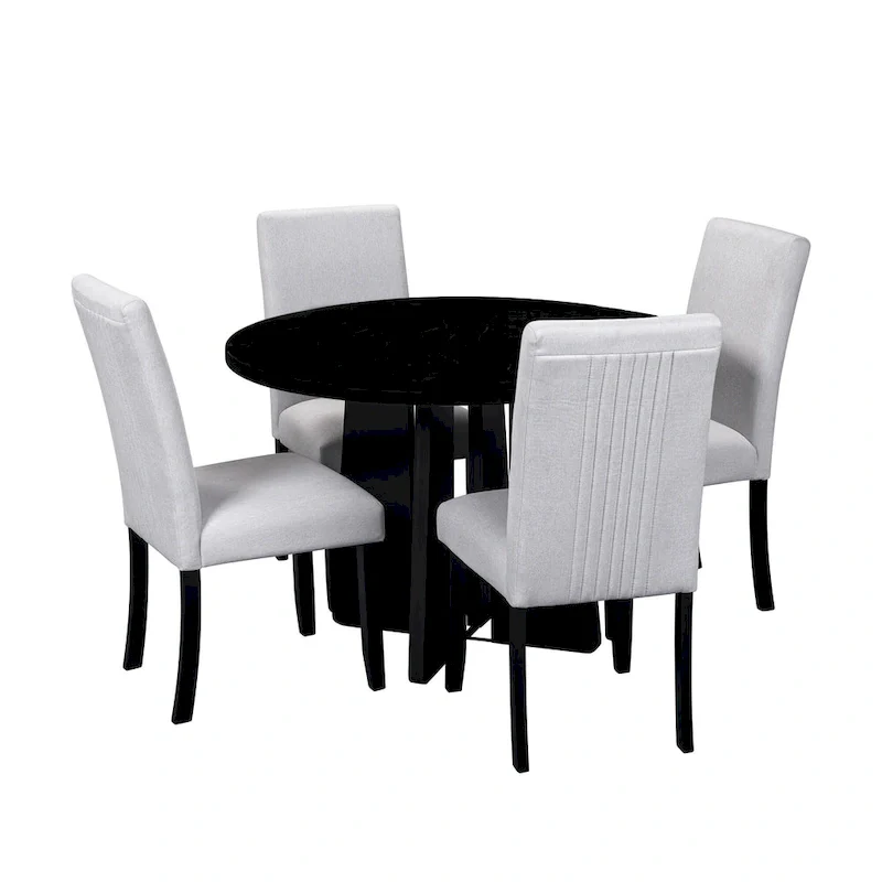 5 Pcs Wood Kitchen Table and Chair Set, 4 People Round Dining Table Set with Faux Marble Top and 4 Upholstered Chairs