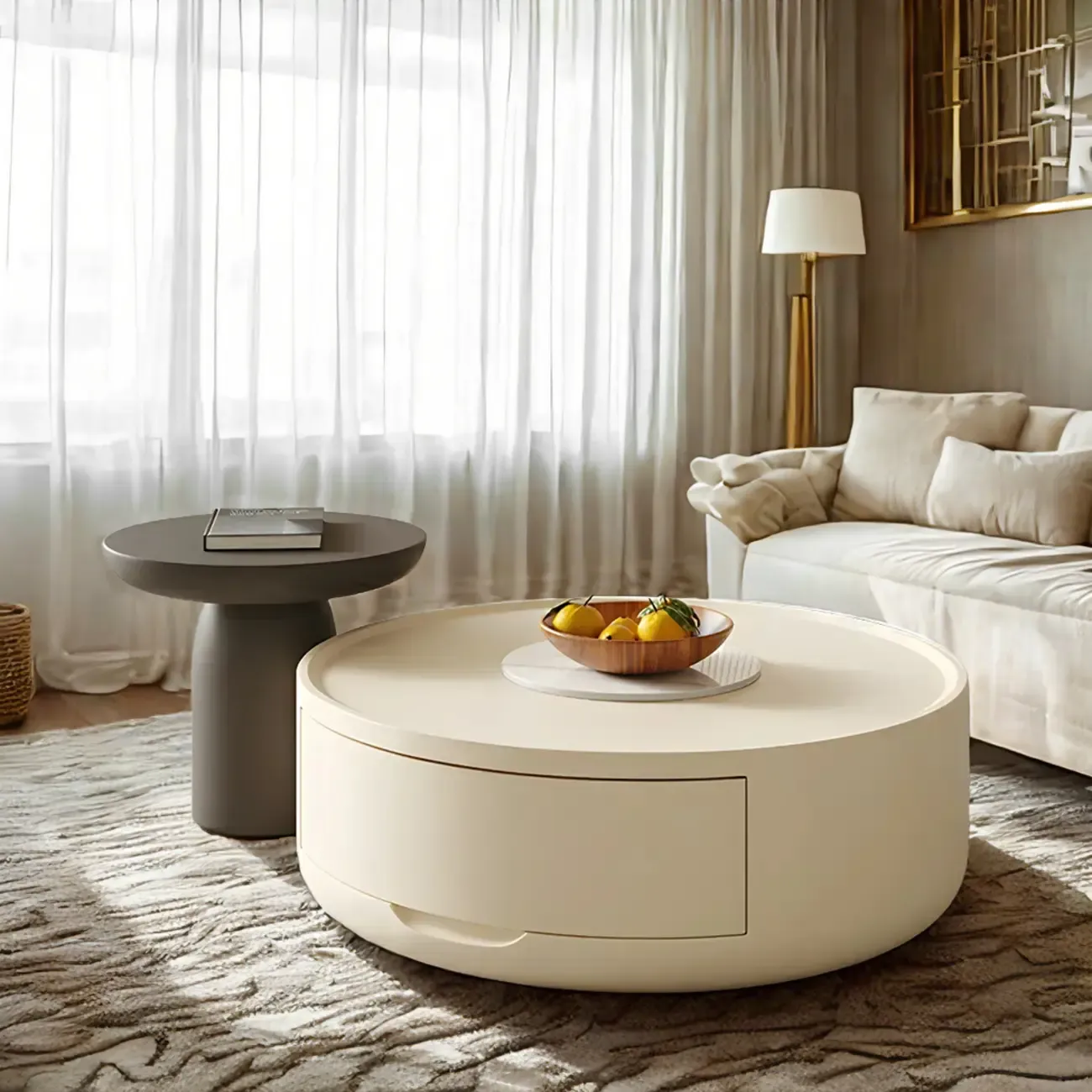 White Sleek Round Wood Drawer Coffee Table