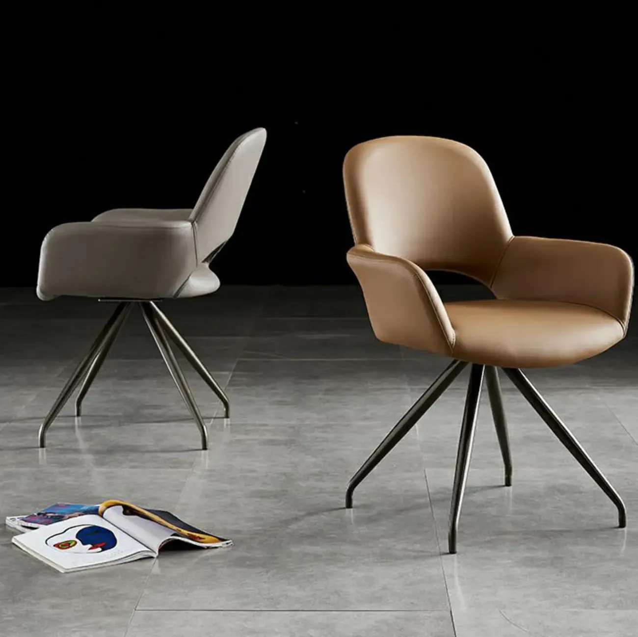 Grey Faux Leather Swivel Arm Dining Chair