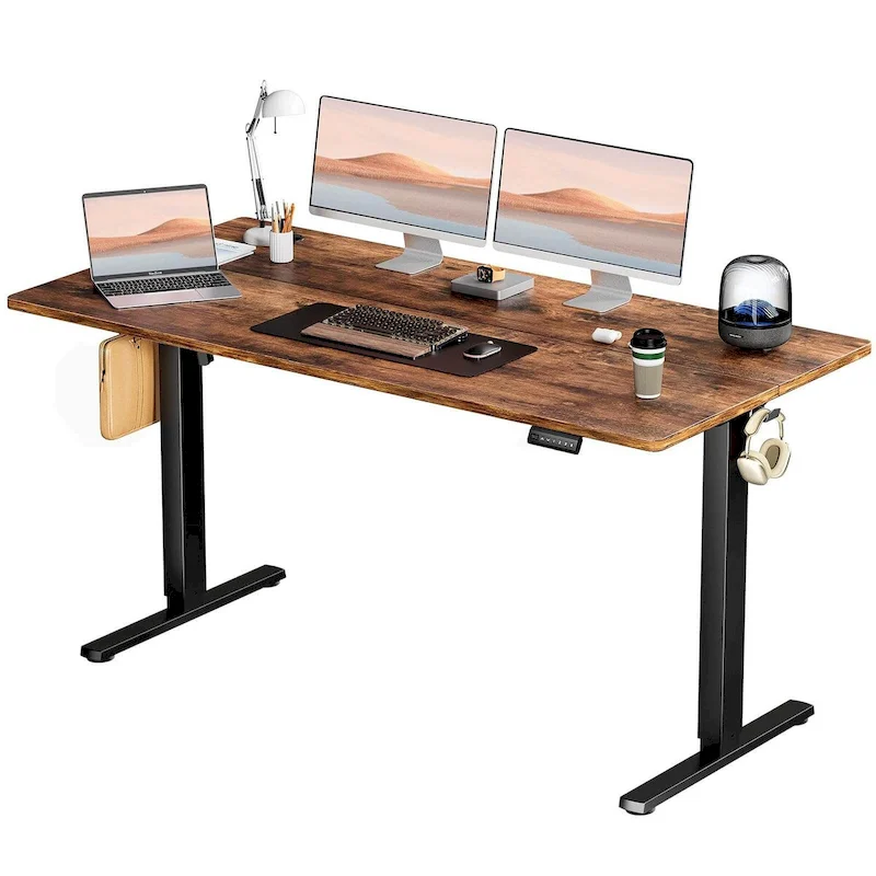 Electric Height-Adjustable Standing Desk, 3 Memory Presets, Cord Management Holes, Side Hooks, 176 lb Capacity, Brown / White / Black / Natural, 1-Person Use