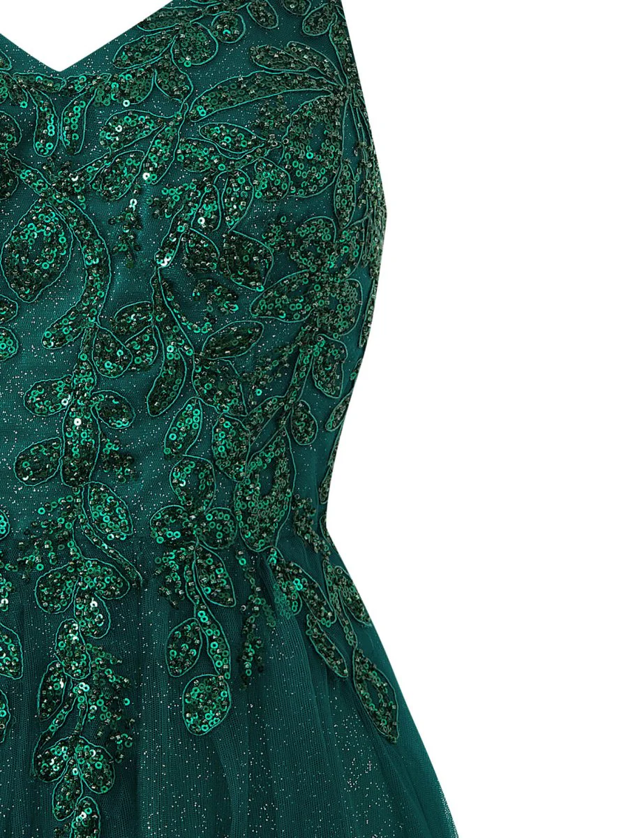 Navy Blue A-line Floor Length Glitter Tulle Prom Dress