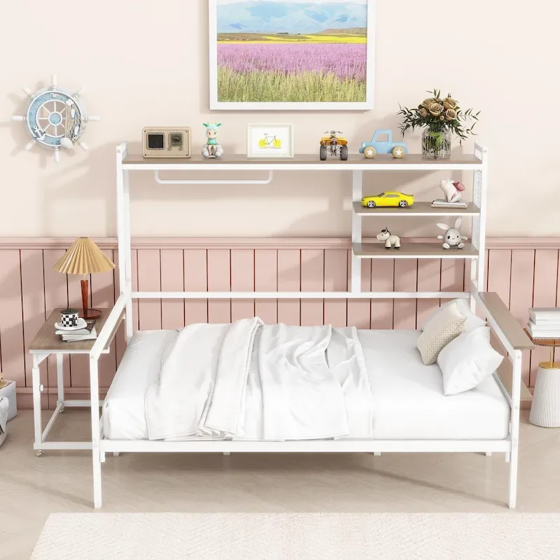 Metal Daybed with Movable Desk, Shelves and Clothes Hanger