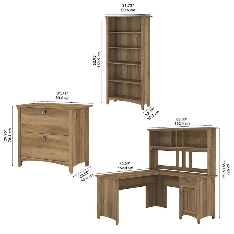 Salinas 60W L Desk with Hutch, Cabinet and Bookcase by Bush Furniture