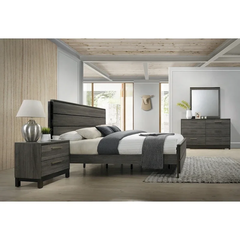 Roundhill Furniture Ioana 187 Antique Grey Finish Wood Bed Room Set, Queen Size Bed, Dresser, Mirror, Night Stand