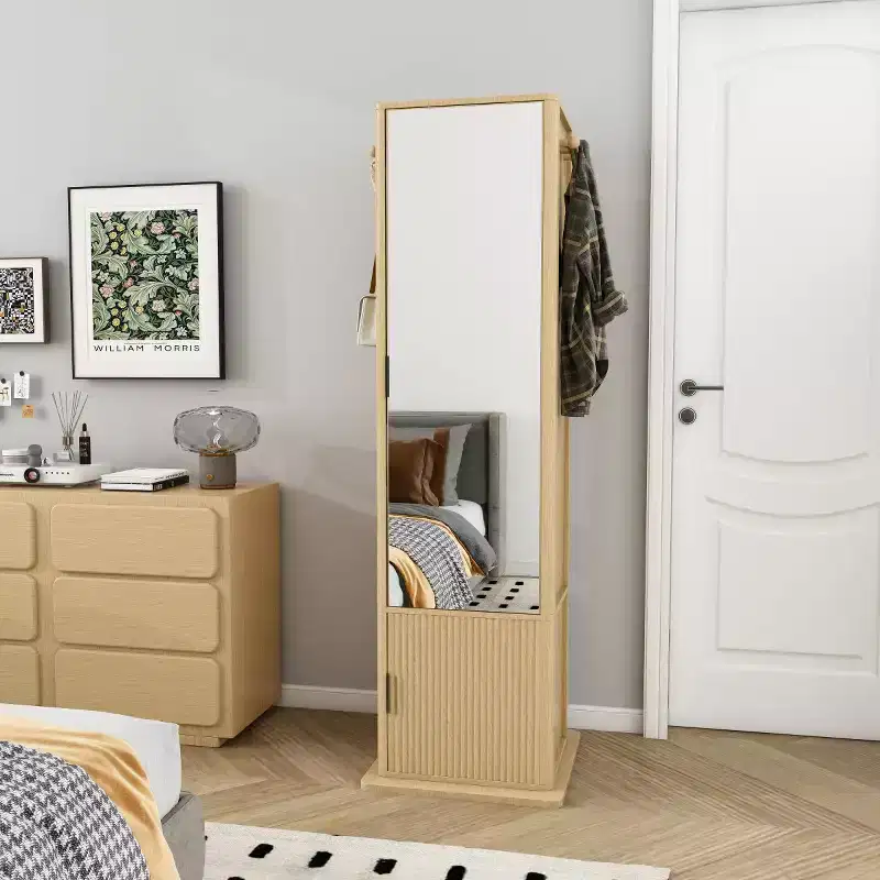 Modern Full Length Floor Mirror with Storage Cabinet, Multifunctional 360 Rotating Mackup Mirror for Bedroom or Dressing Room-Panipeachy